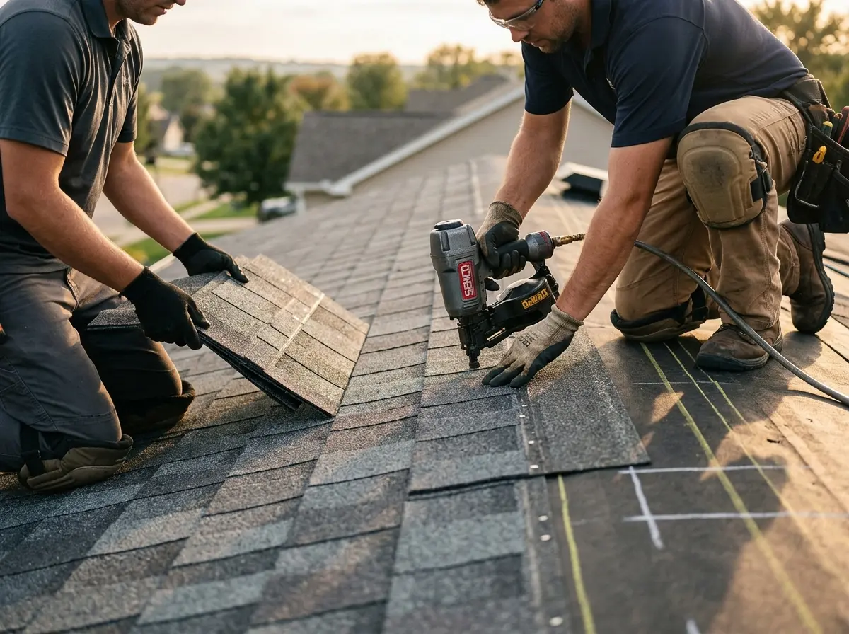 Professional roofer working on a residential roof in Fallston